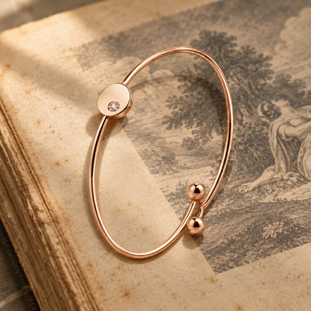Rose Gold Minimalist Open Cuff Bangle with Crystal Accent