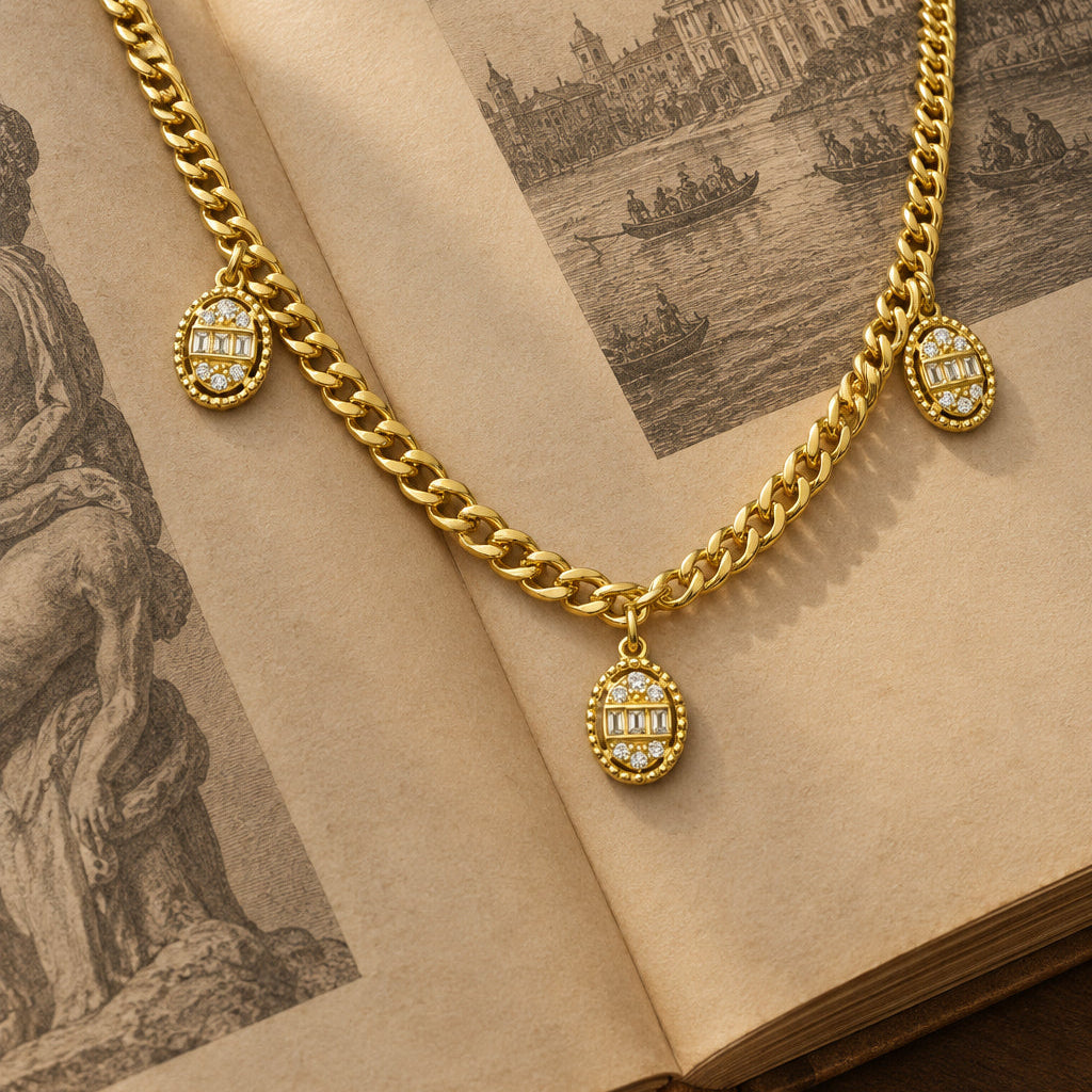 Gold Curb Chain Necklace with Oval Cubic Zirconia Charms