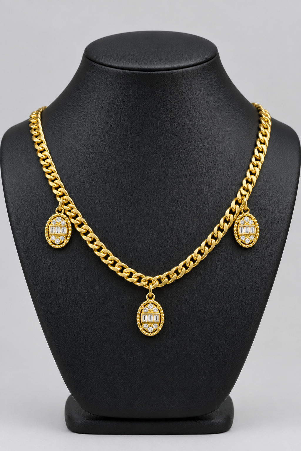 Gold Curb Chain Necklace with Oval Cubic Zirconia Charms