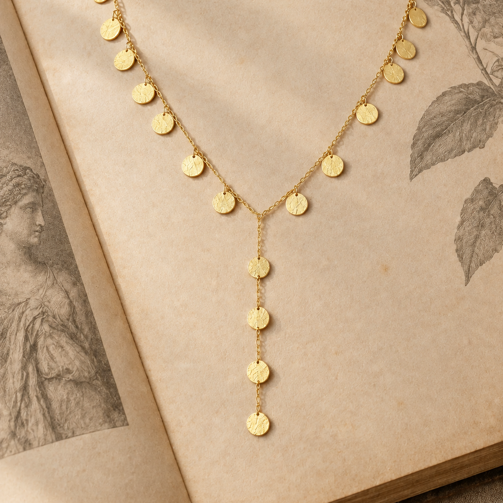 Gold Y-Necklace with Textured Disc Charms