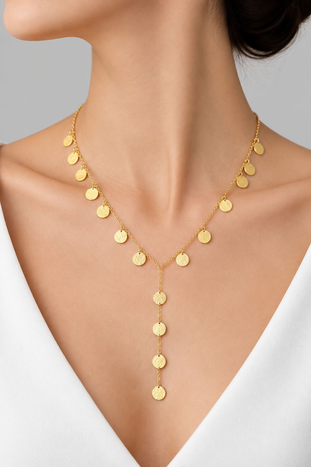 Gold Y-Necklace with Textured Disc Charms