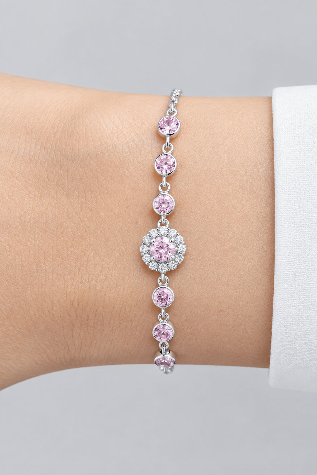 Silver Pink Crystal Halo Station Chain Bracelet