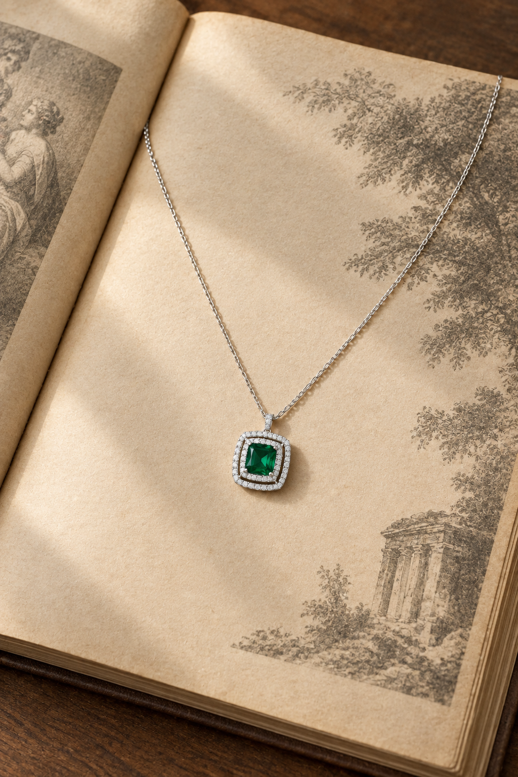 Silver Square Emerald Halo Pendant Necklace