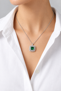 Silver Square Emerald Halo Pendant Necklace