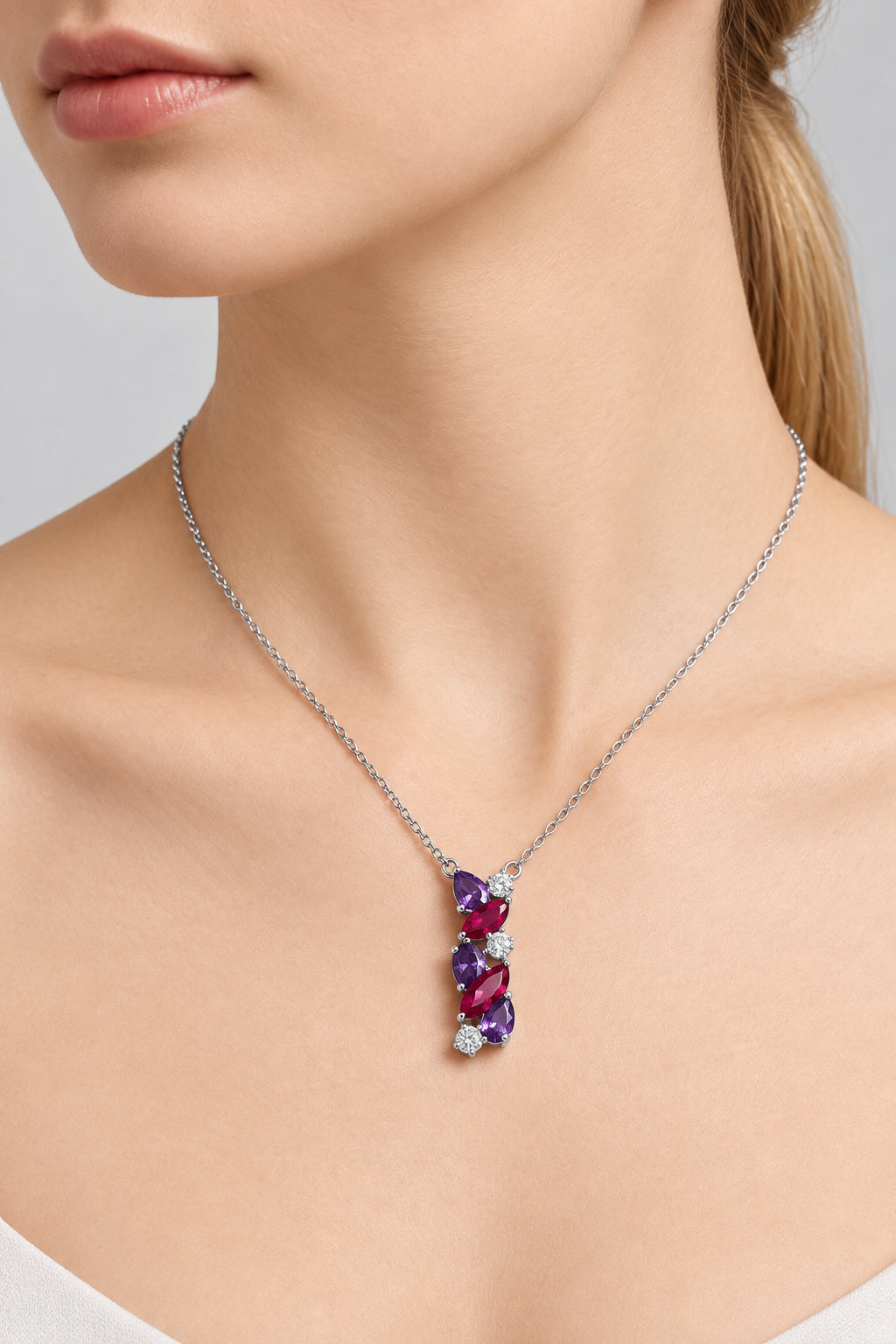 Silver Multicolor Gemstone Cluster Pendant Necklace