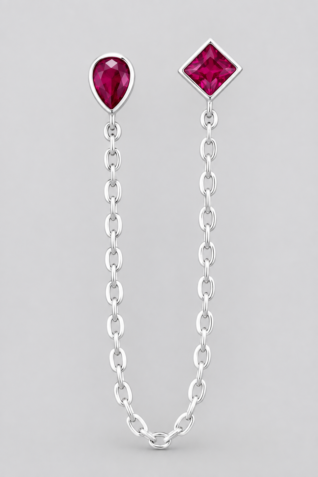 Silver Double Piercing Chain Stud Earring with Red Ruby Gemstones