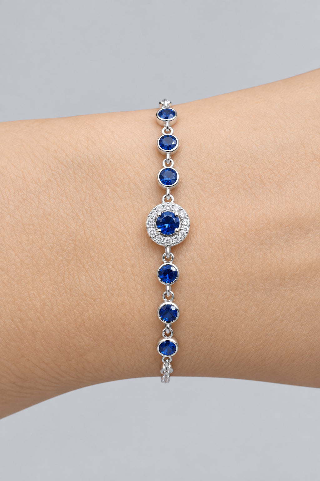 Silver Blue Sapphire Halo Tennis Chain Bracelet