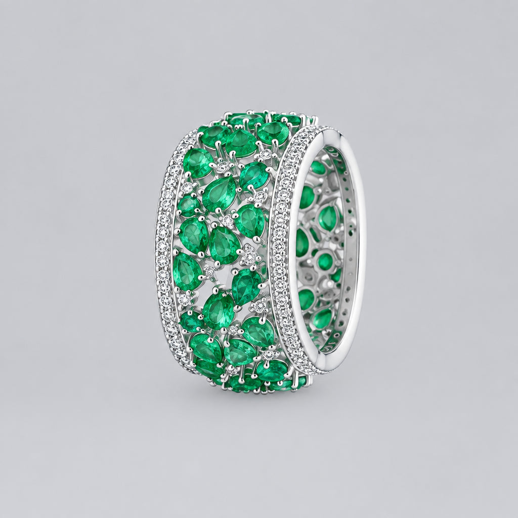 Silver Wide Green Emerald Eternity Statement Ring