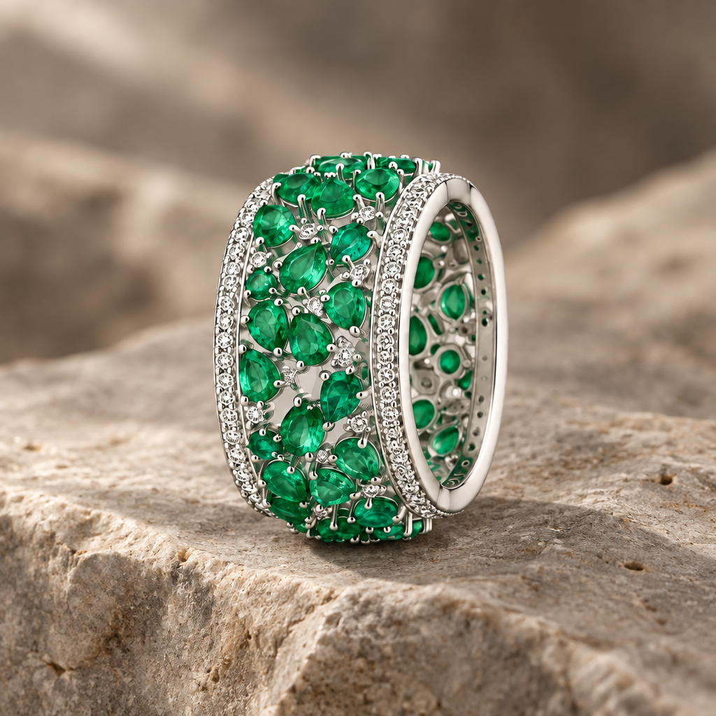 Silver Wide Green Emerald Eternity Statement Ring