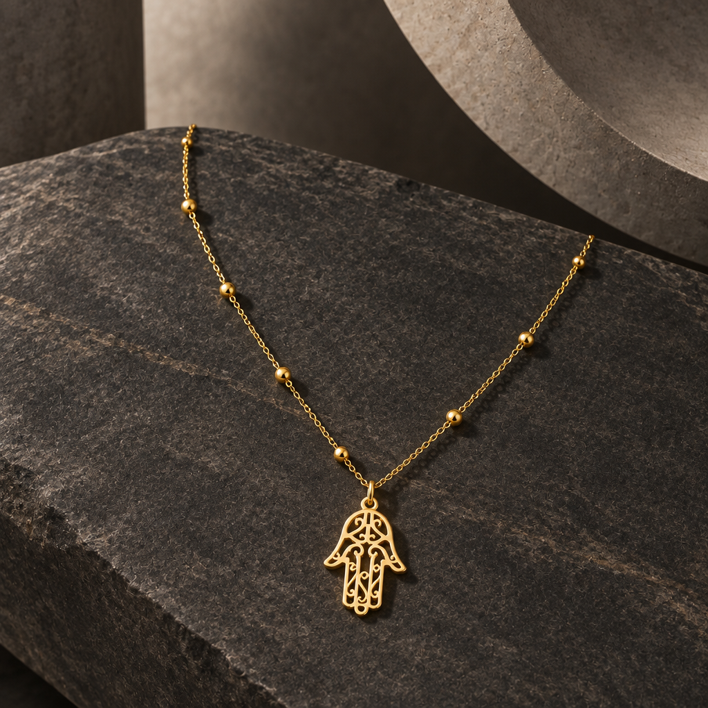 Gold Filigree Hamsa Hand Pendant Beaded Necklace