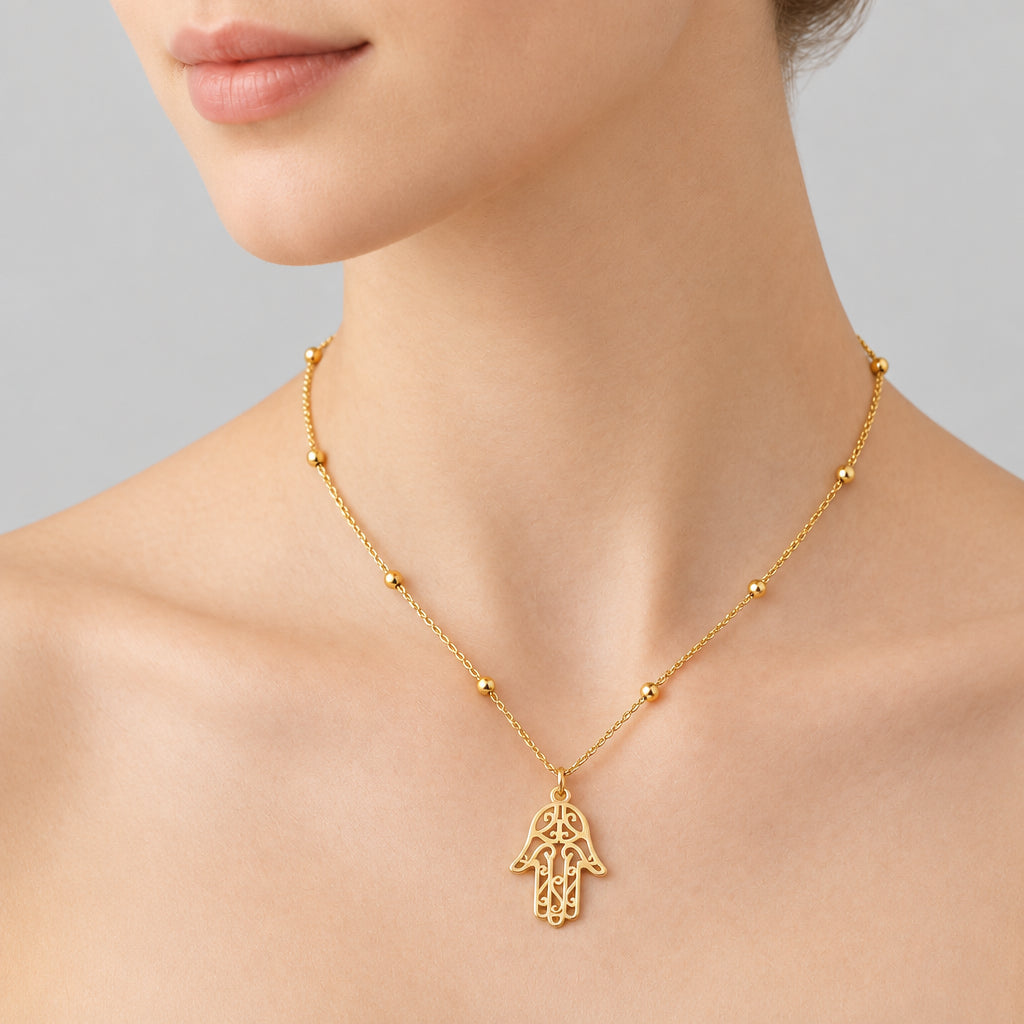 Gold Filigree Hamsa Hand Pendant Beaded Necklace