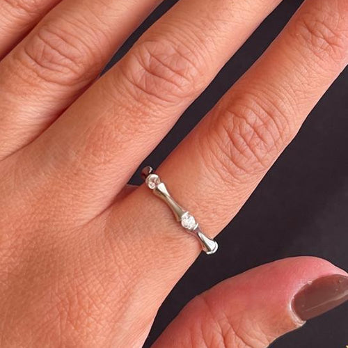 Bamboo lucky silver ring with zircon stones