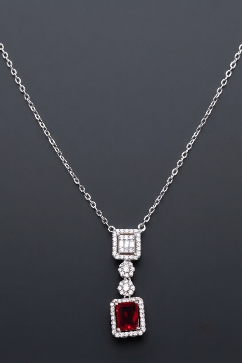 Silver Line Necklace 03 - Sterling Silver Ruby-Style Crystal Pendant Necklace