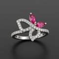 Butterfly silver ring with pink stones medium size