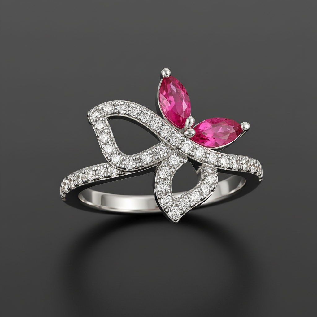 Butterfly silver ring with pink stones medium size