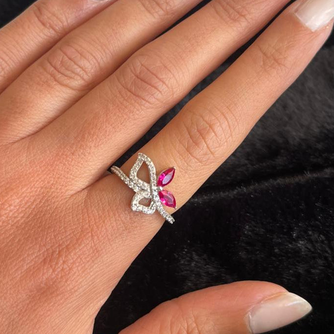 Butterfly silver ring with pink stones medium size
