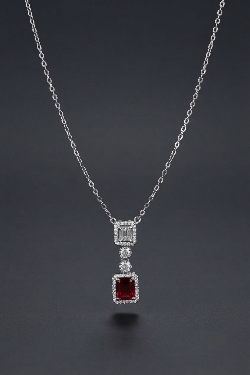 Silver Line Necklace 03 - Sterling Silver Ruby-Style Crystal Pendant Necklace